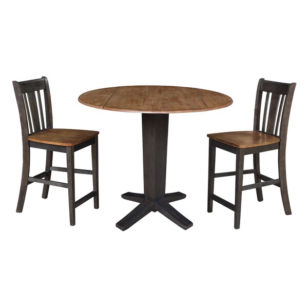 International Concepts 42 in. Solid Wood Dual Drop Leaf Dining Table with 2 Counter Height Stools in Hickory/Washed Coal K45-42DPT-23B-S102-2 - main